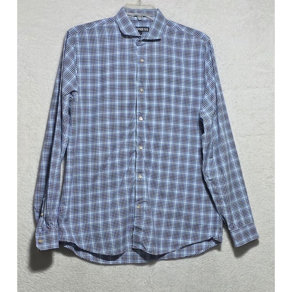 Express Modern Fit Mens Large Blue Plaid Button Up Shirt 100% Cotton Long Sleeve
